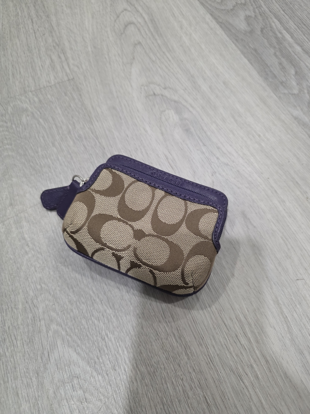 Coach Brown Signature Coin Pouch with Purple Trim